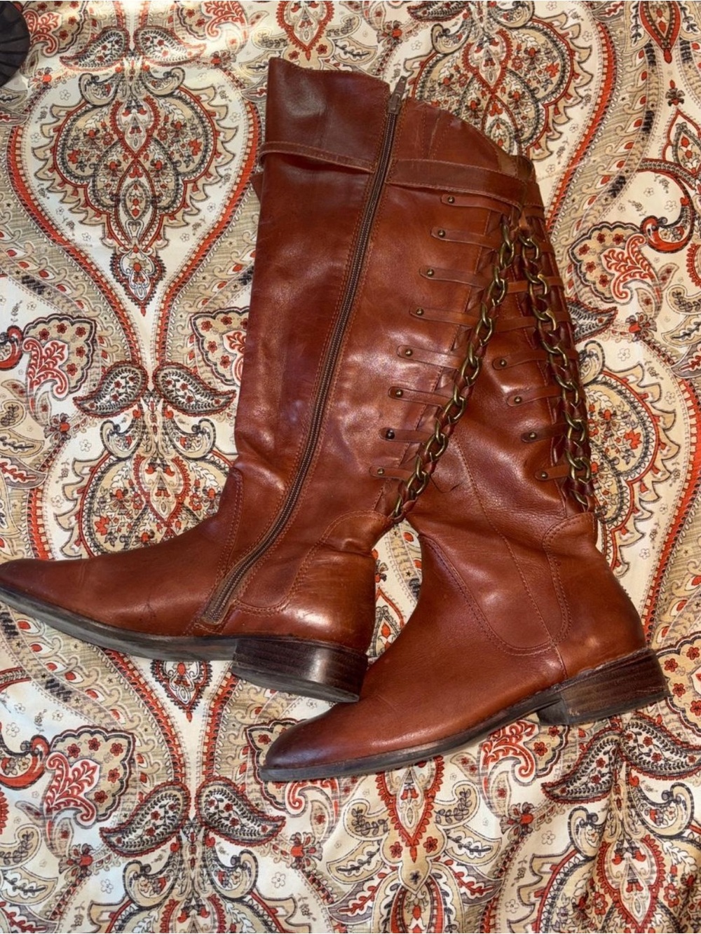 Gianni Bini Cognac Brown Knee-High Leather Boots with Chain Trim